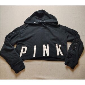 Victorias Secret PINK Black Cropped Hoodie Lace Up Sleeve Pullover Sweatshirt 17